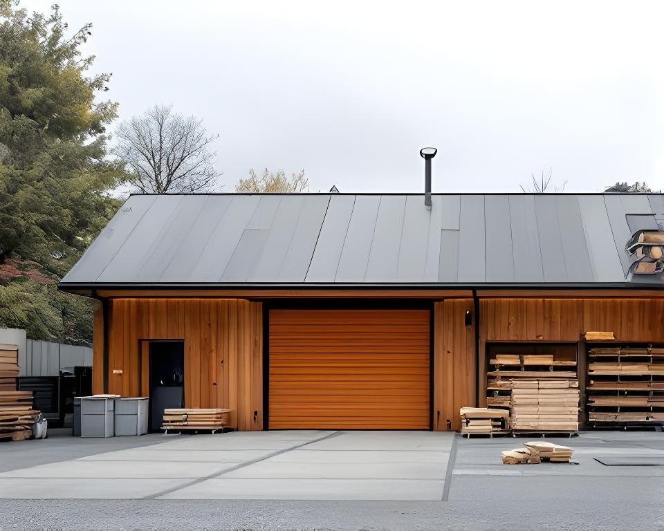 Aussenansicht der Werkstatt von Natur Holz Werk Zürich GmbH in Zürich mit Holzlager, Rolltor und geordnetem Hofbereich