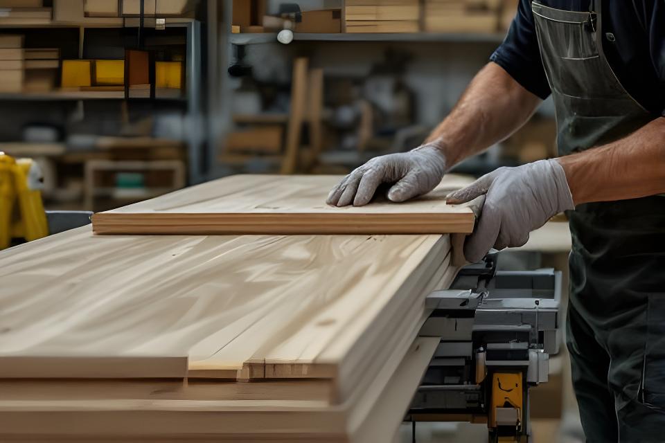 Schreinerin beim Verleimen massiver Eichenplatten in der Werkstatt von Natur Holz Werk Zürich GmbH mit sichtbaren Werkzeugen und Holzregalen