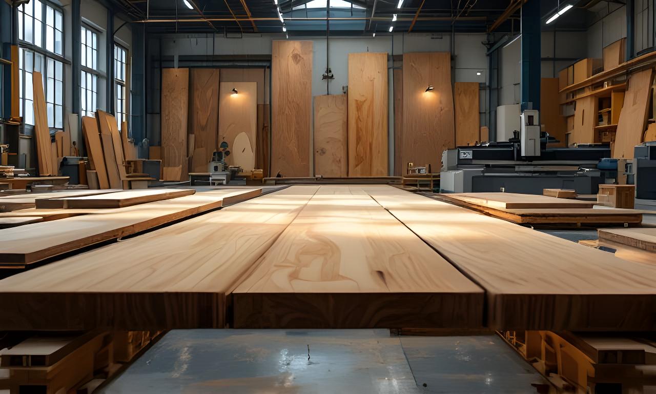 Werkstatt für Holzverarbeitung mit massiven Platten, präzisen Maschinen und warmem Licht in Zürich