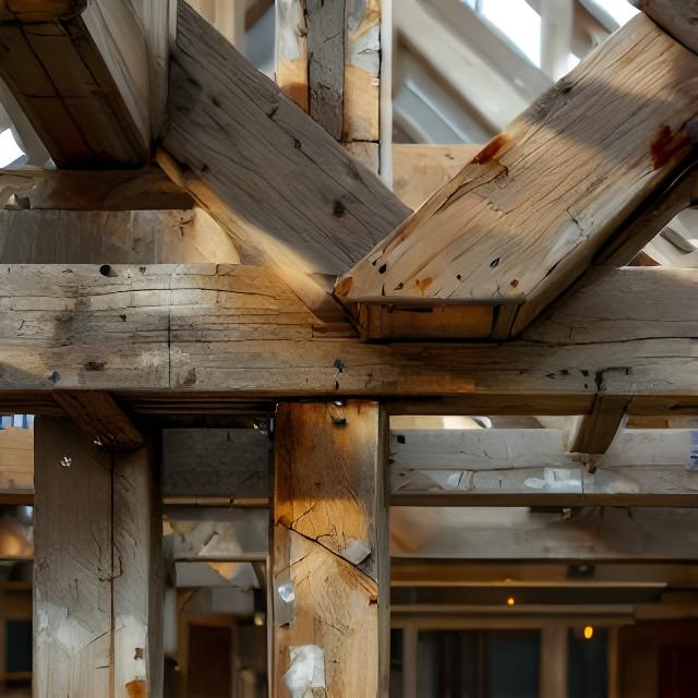 Altes Holztragwerk mit sichtbaren Gebrauchsspuren und unruhigen Anschlussstellen vor der Sanierung
