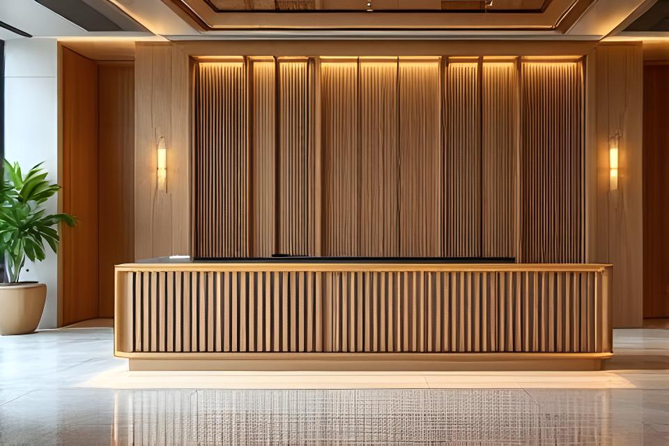 Massivholz-Hotelrezeption mit geriffelter Front und markanter Thekenkante in einem hellen Lobbyraum