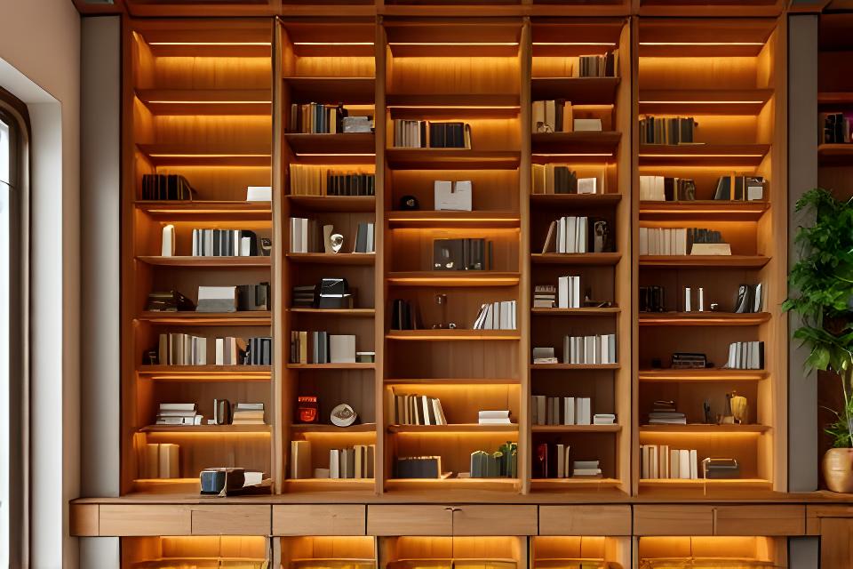 Massivholz-Bibliothek mit raumhohen Regalen in Winterthur und warm beleuchteten Nischen